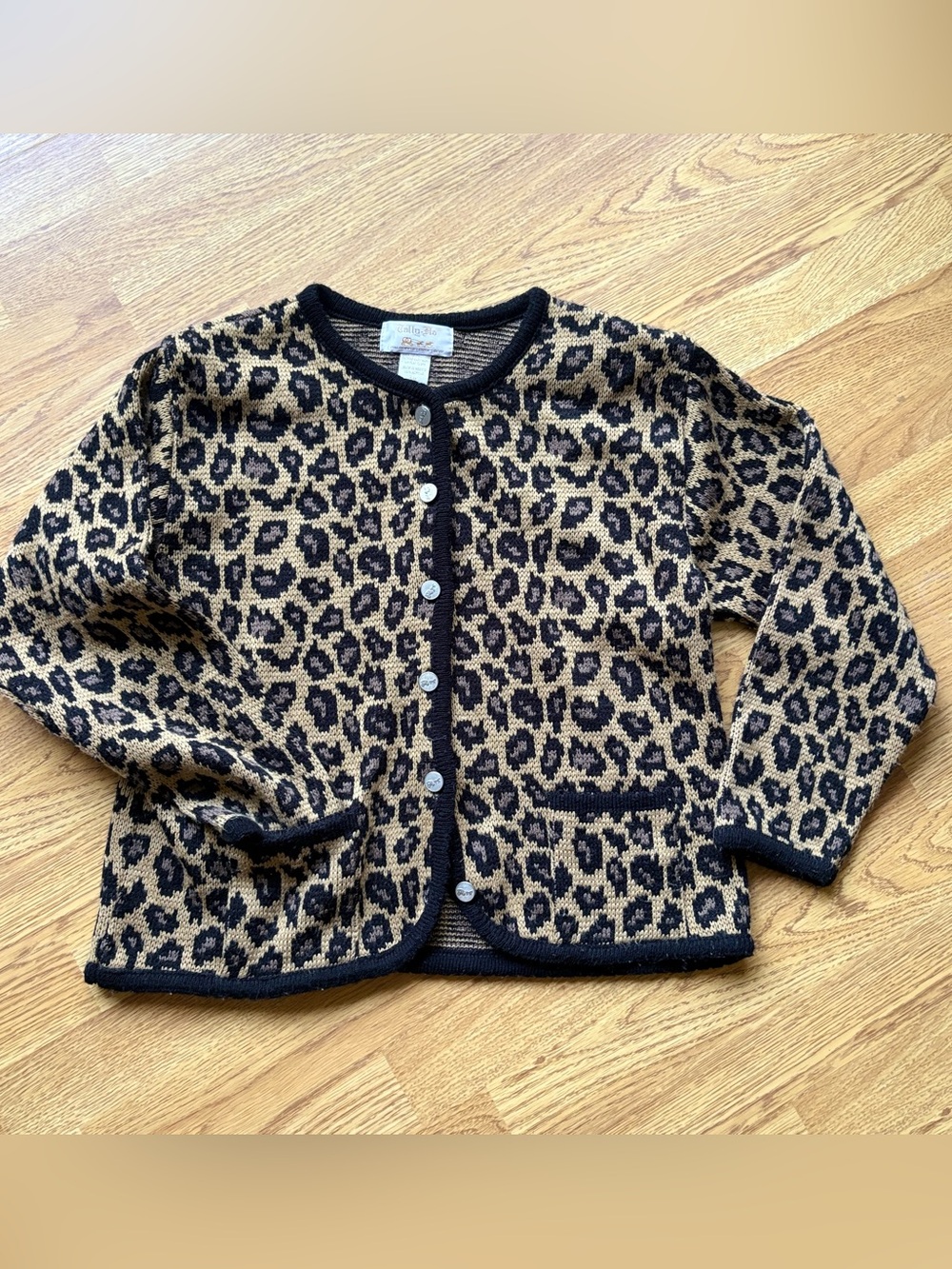 Tally Ho Vintage Leopard Print Cardigan Sweater Pockets Y2K 90s Grandma Sz PS